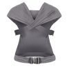 Back view of Izmi Baby Carrier in grey showing crossed shoulder straps and waist buckle