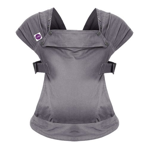 Front view of the Izmi Baby Carrier in grey showing wide shoulder straps