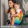 Woman carries toddler on her back in Lenny Lamb Preschool carrier in Rainbow Baby fabric, side view