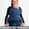 Woman carries baby facing towards her in Lenny Lamb LennyUpgrade Baby Carrier in blue-purple Peacock's Tail Provance fabric