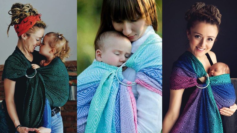 Composite image of three woman carrying babies in Little Frog Ring Slings