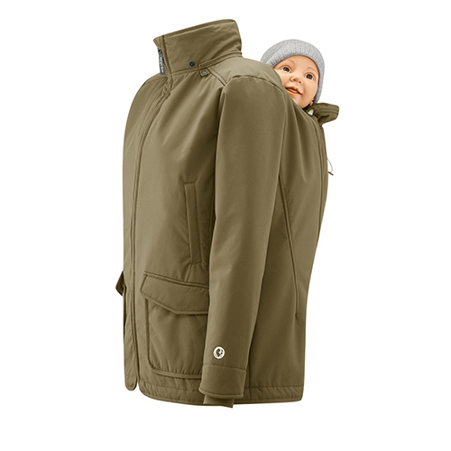 Mamalila Cosy Allrounder babywearing coat in Khaki shown with baby doll in back carrying position