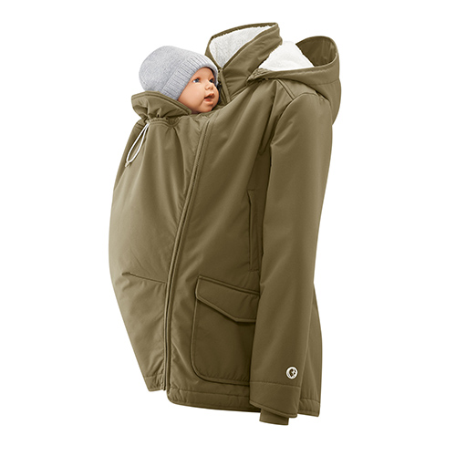 Mamalila Cosy Allrounder babywearing coat in Khaki shown with baby doll in front carrying position