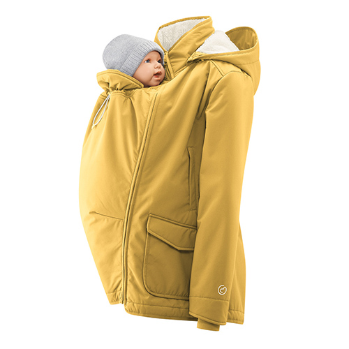 Mamalila Cosy Allrounder winter jacket in mustard with baby doll in front carry position