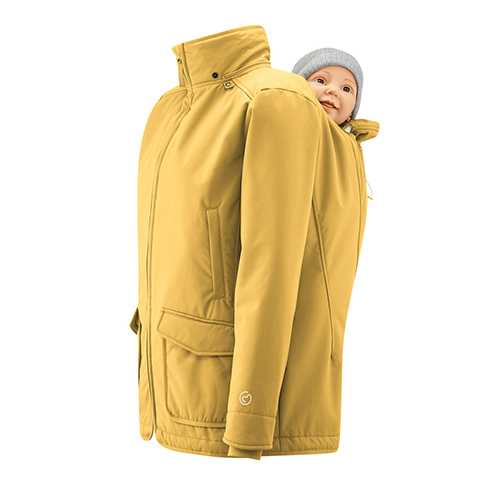 Mamalila Cosy Allrounder winter jacket in mustard with baby doll in back carry position