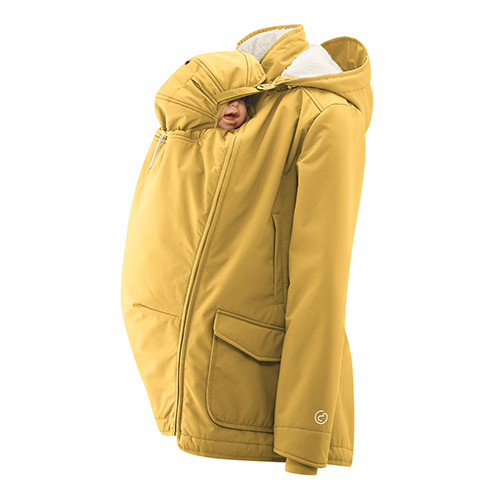 Mamalila Cosy Allrounder winter jacket in mustard with baby doll in front carry position and hood up