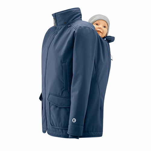 Mamalila Cosy Allrounder babywearing coat in Navy shown with baby doll in back carrying position