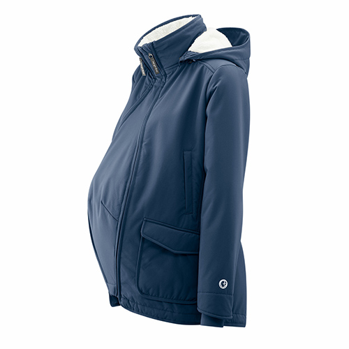 Mamalila Cosy Allrounder babywearing coat in Navy shown with maternity panel zipped in