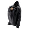 Mamalila Mens Softshell Allweather Babywearing Jacket in Black with baby doll in front carry position, hood up