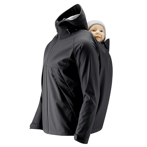 Mamalila Mens Softshell Allweather Babywearing Jacket in Black with baby doll in back carry position