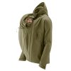 Mamalila Mens Softshell Allweather Babywearing Jacket in Khaki with baby doll in front carry position, hood up