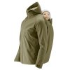 Mamalila Mens Softshell Allweather Babywearing Jacket in Khaki with baby doll in back carry position