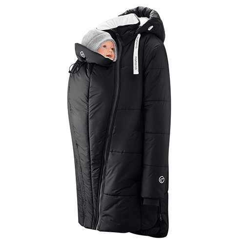 Mamalila Copenhagen babywearing coat in black with baby doll in front carrying position