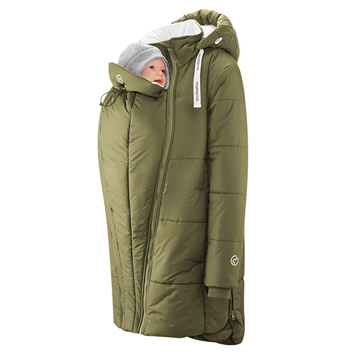 Mamalila Copenhagen babywearing coat in khaki with baby doll in front carrying position