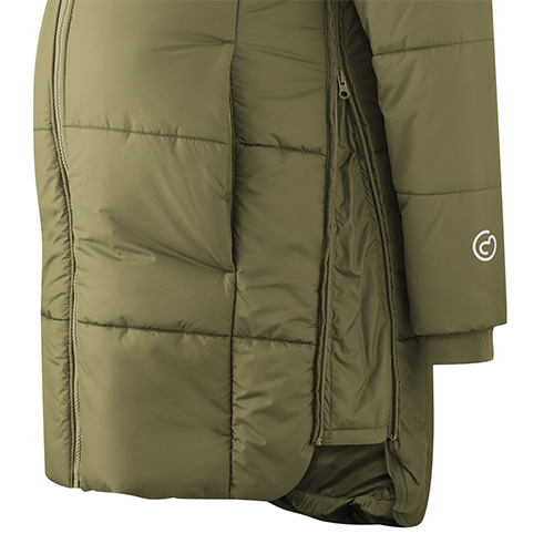 Mamalila Copenhagen babywearing coat in khaki, detail view of expandable seams