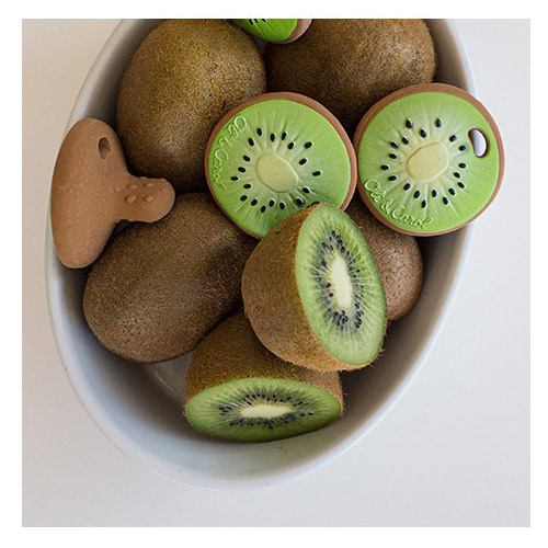 Kiwi shaped rubber teething toy by Oli & Carol pictured with real kiwi fruits